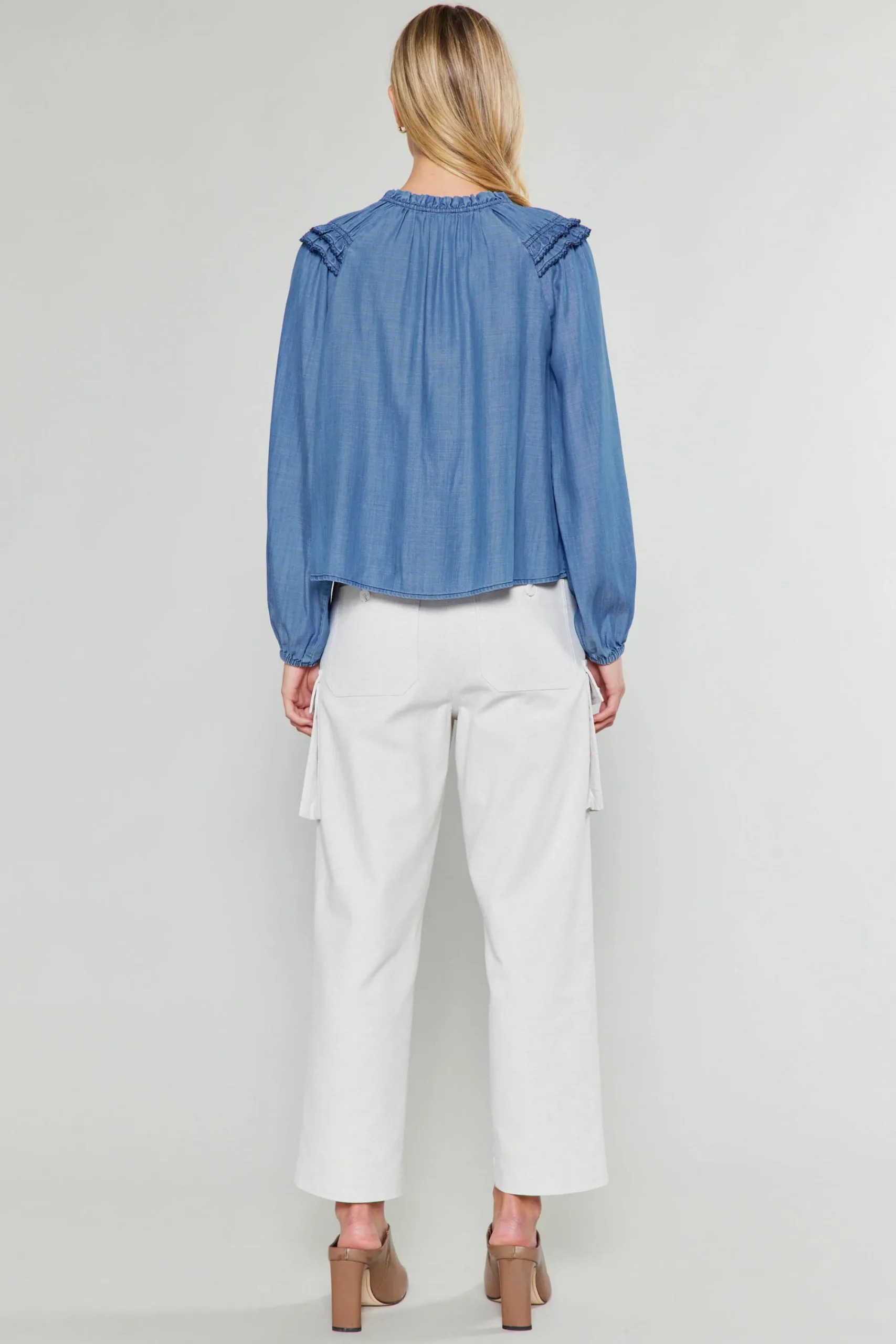 Current Air Long Sleeve Tops-Picot Stitched Blouse CHAMBRAY