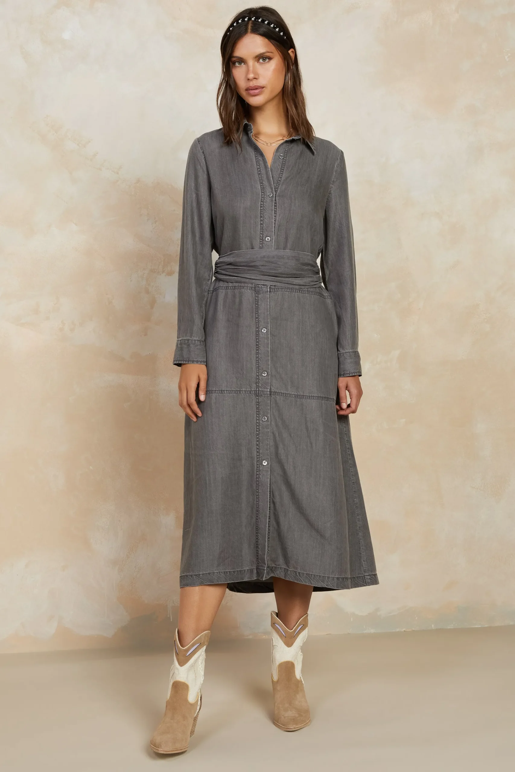 Current Air Midi Dresses-Chambray Shirt Dress WASHEDBLACK