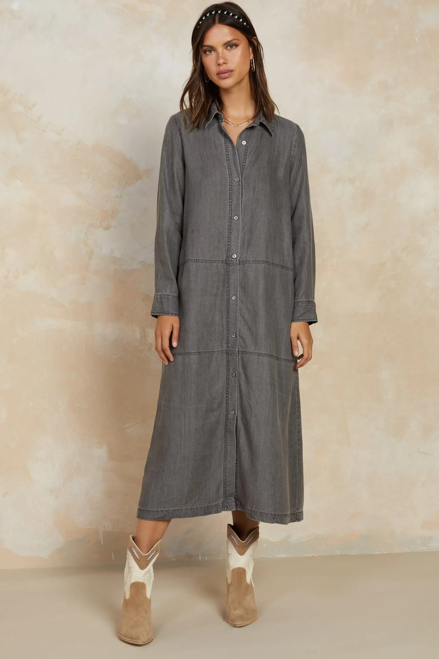 Current Air Midi Dresses-Chambray Shirt Dress WASHEDBLACK