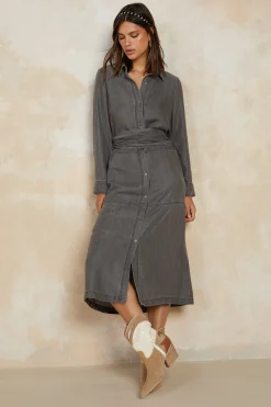 Current Air Midi Dresses-Chambray Shirt Dress WASHEDBLACK