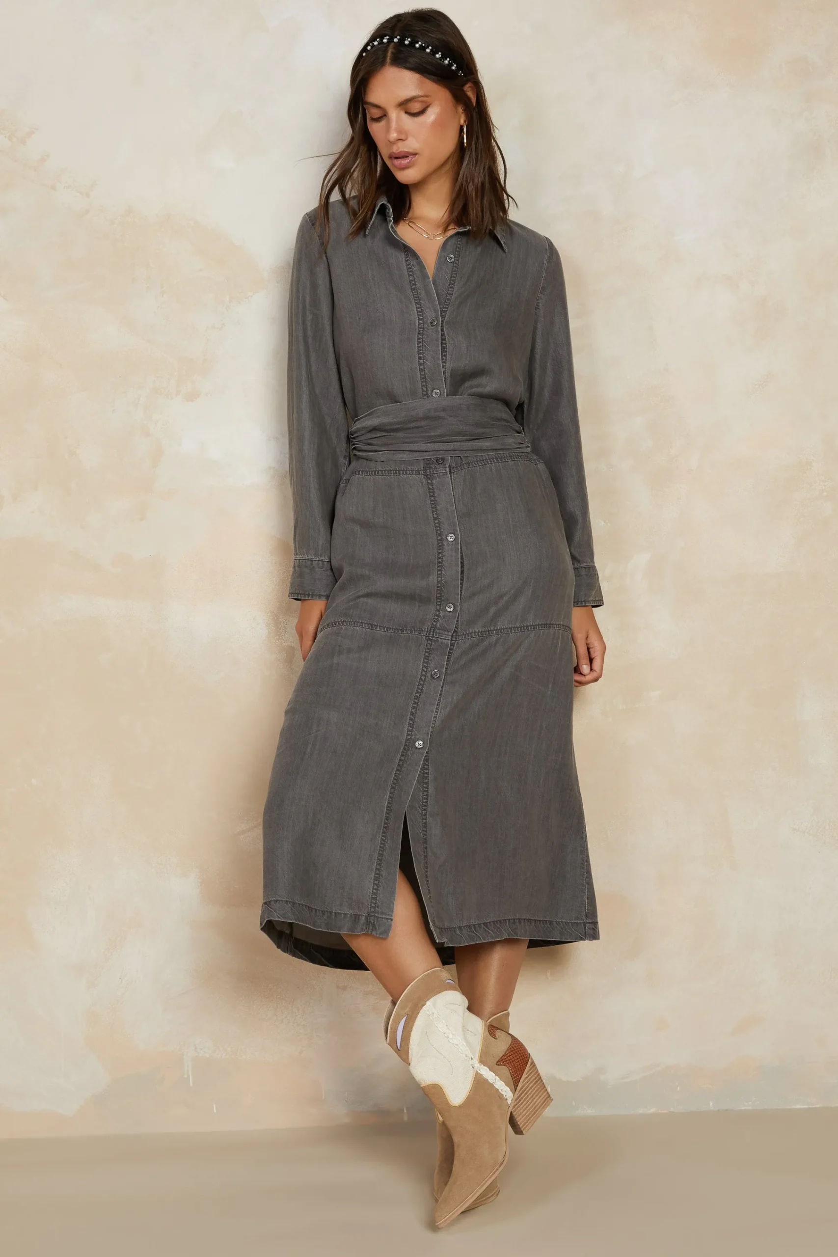 Current Air Midi Dresses-Chambray Shirt Dress WASHEDBLACK
