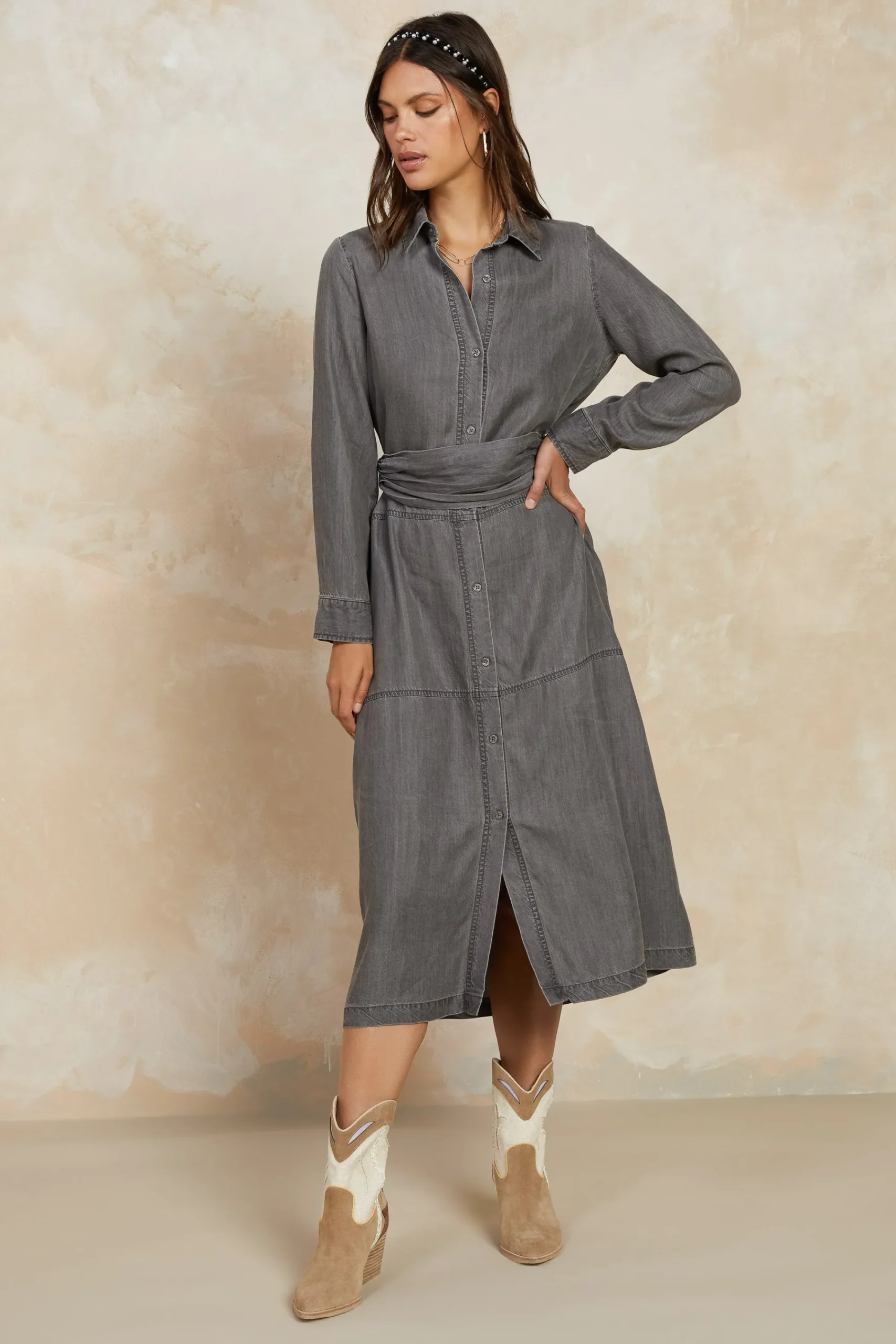 Current Air Midi Dresses-Chambray Shirt Dress WASHEDBLACK