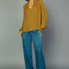Current Air Long Sleeve Tops-Charlotte Pleated Blouse DARKOLIVE