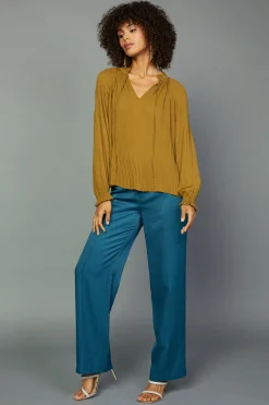 Current Air Long Sleeve Tops-Charlotte Pleated Blouse DARKOLIVE