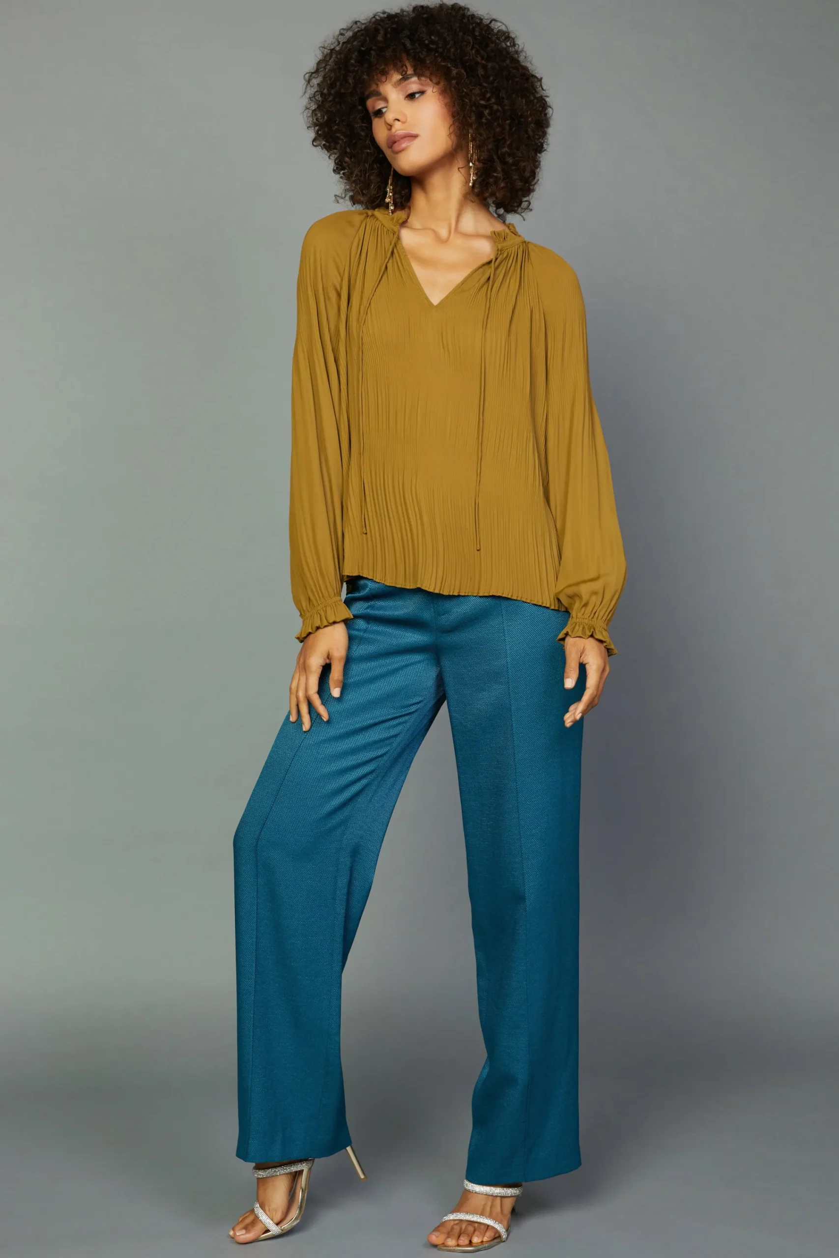 Current Air Long Sleeve Tops-Charlotte Pleated Blouse DARKOLIVE