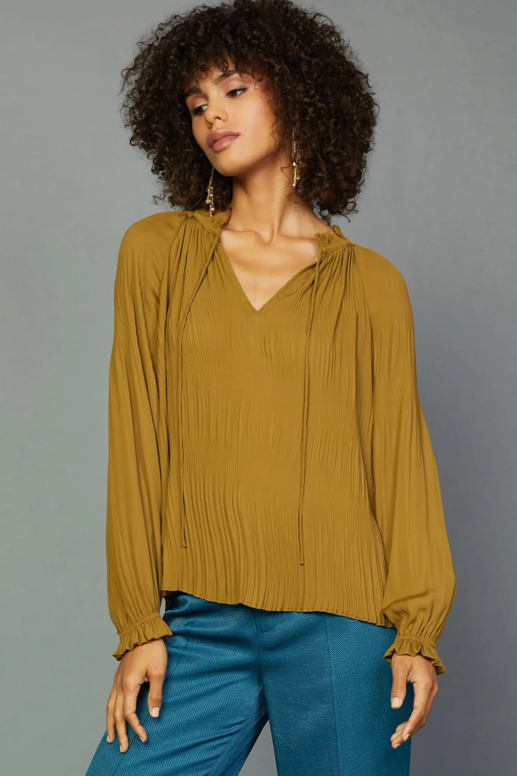 Current Air Long Sleeve Tops-Charlotte Pleated Blouse DARKOLIVE