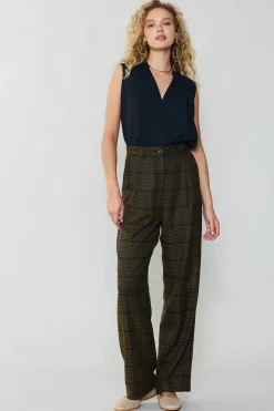 Current Air Pants-Checkered Wide Leg Pants OLIVE