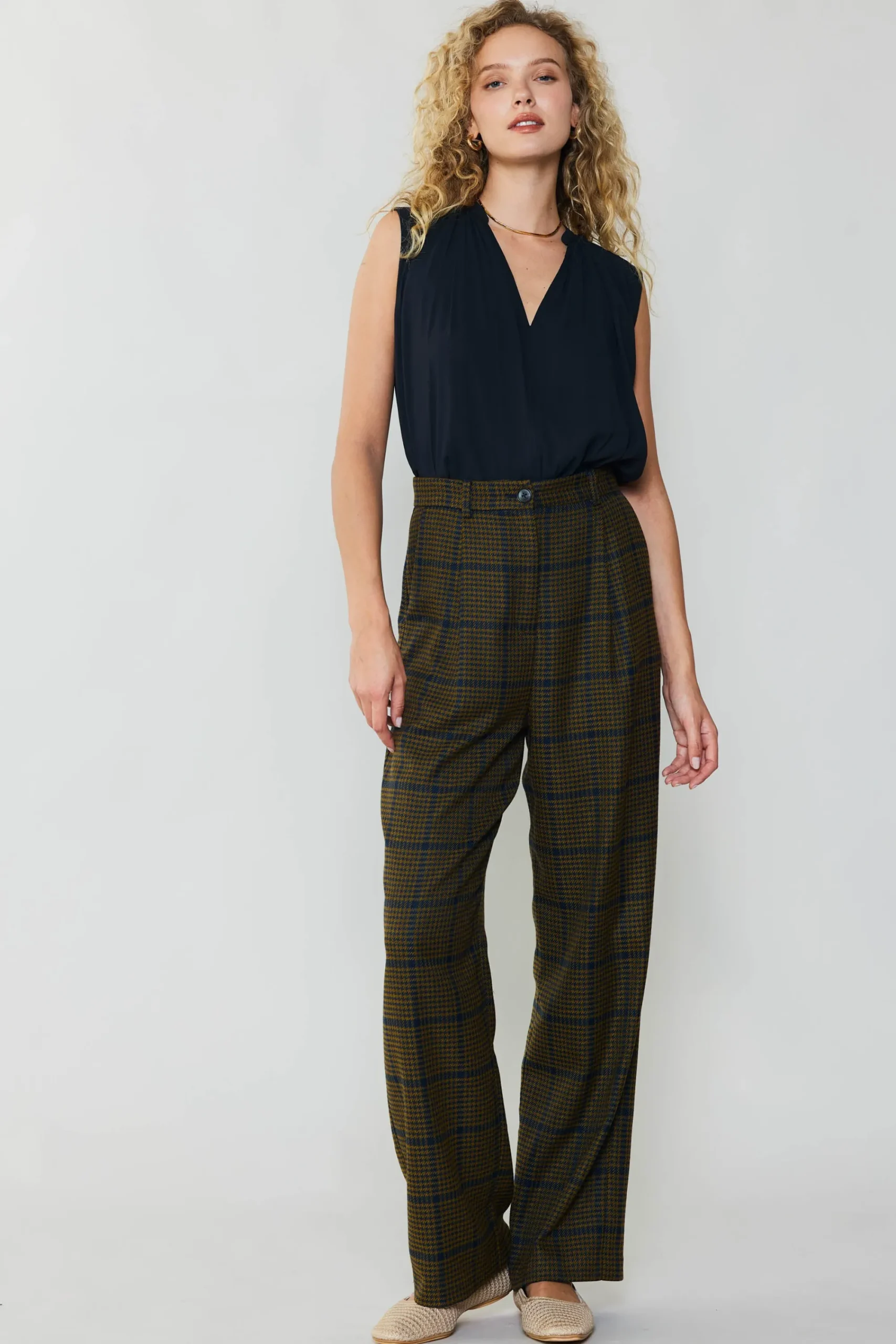 Current Air Pants-Checkered Wide Leg Pants OLIVE