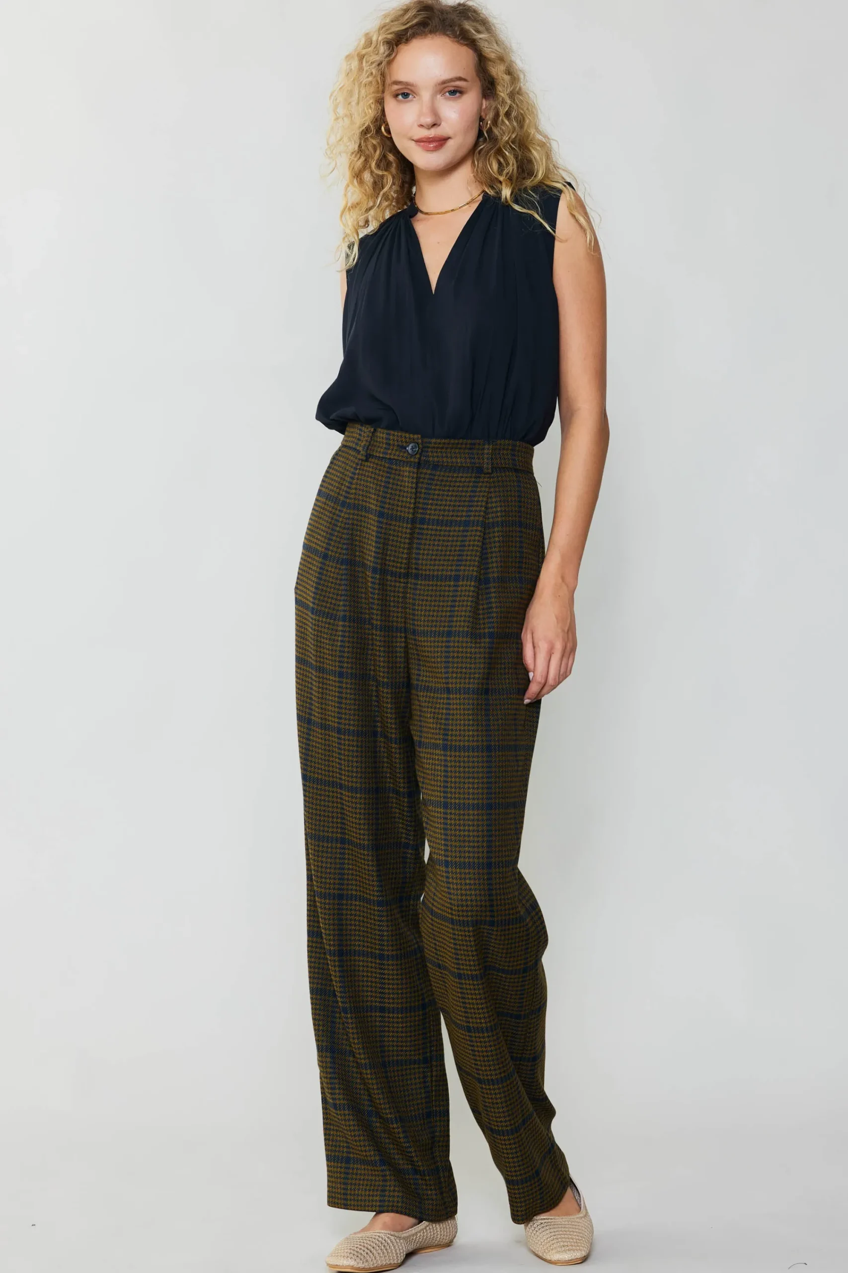 Current Air Pants-Checkered Wide Leg Pants OLIVE