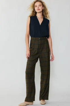 Current Air Pants-Checkered Wide Leg Pants OLIVE