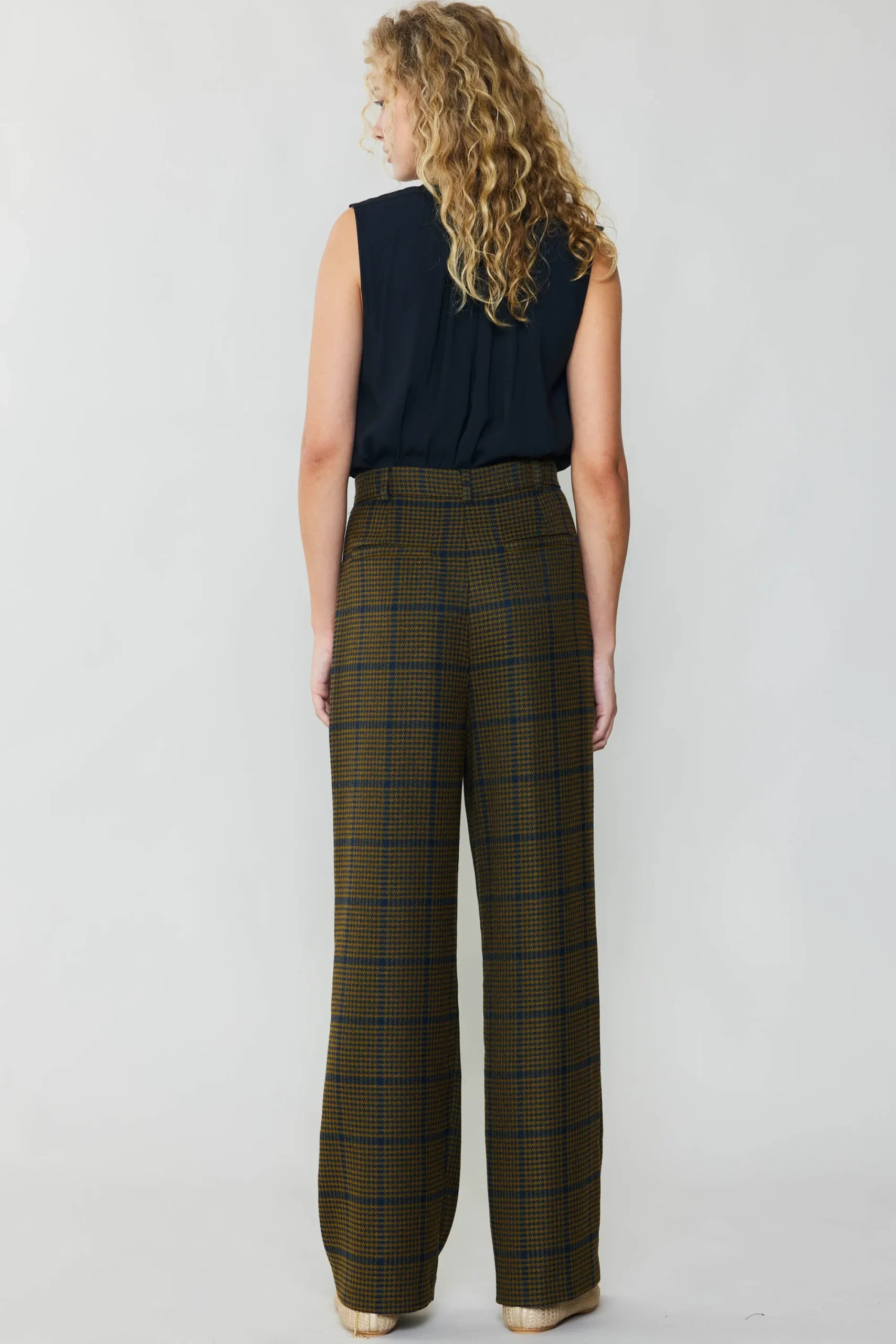 Current Air Pants-Checkered Wide Leg Pants OLIVE
