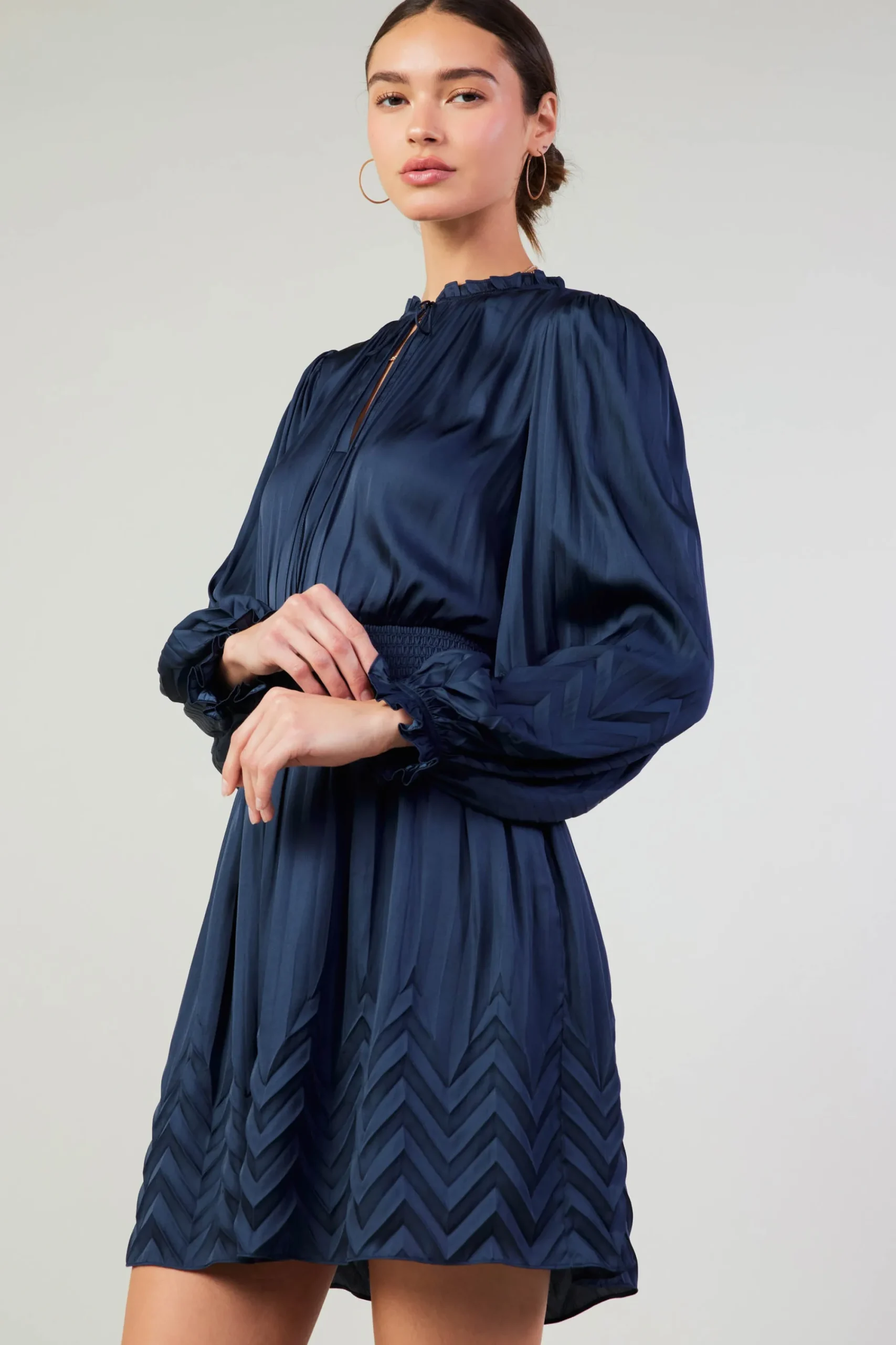 Current Air Mini Dresses-Chevron Pleat Mini Dress NAVY