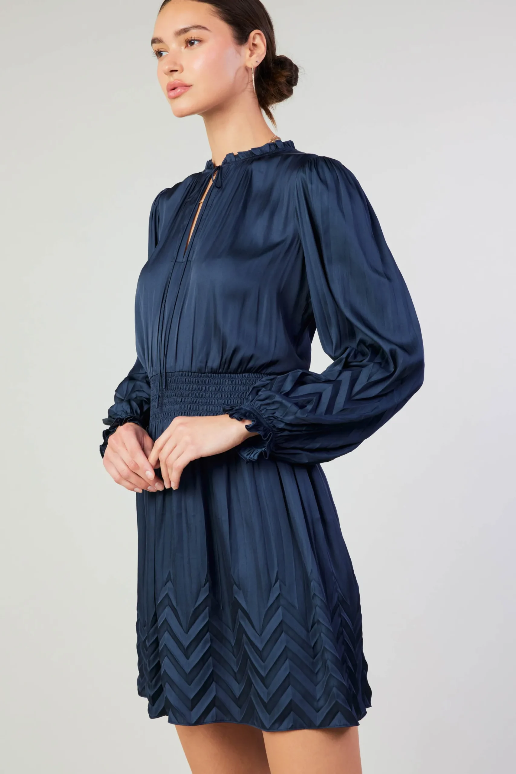 Current Air Mini Dresses-Chevron Pleat Mini Dress NAVY