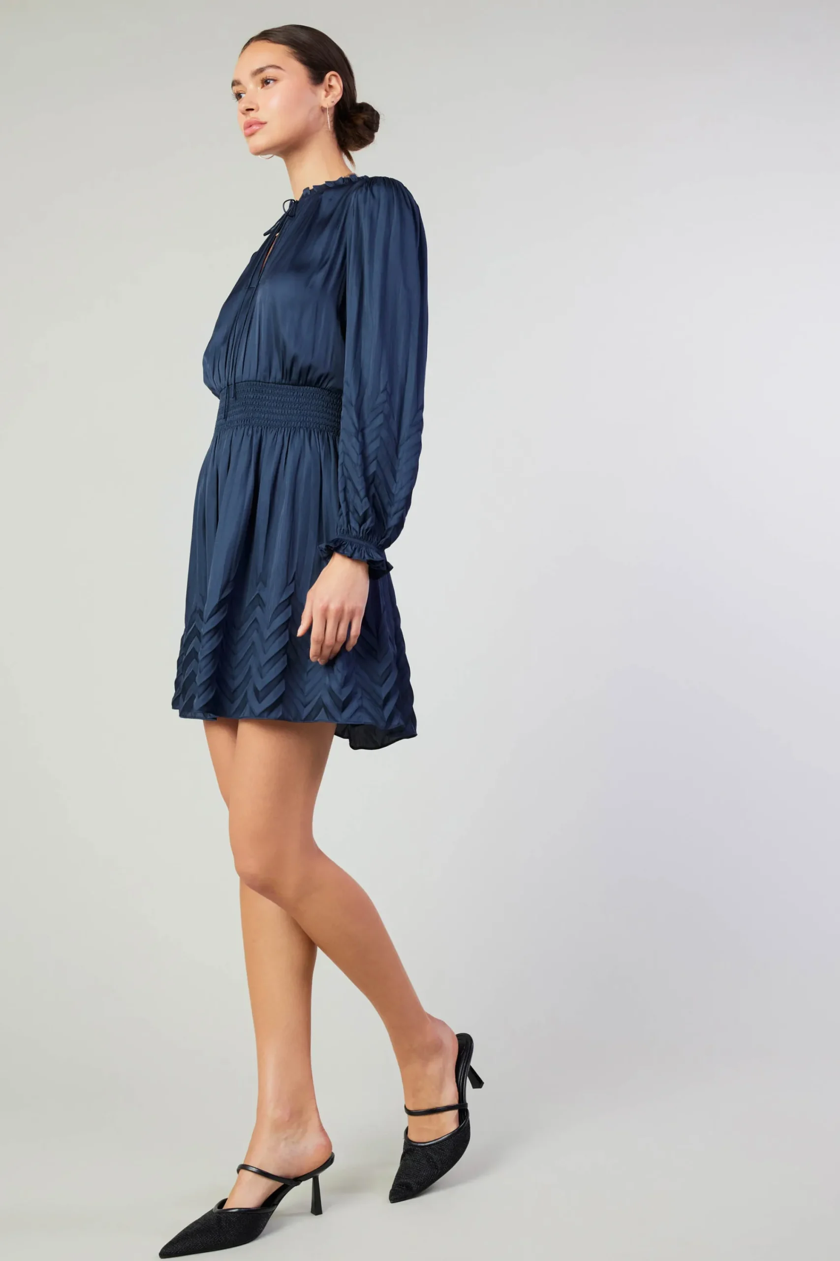 Current Air Mini Dresses-Chevron Pleat Mini Dress NAVY