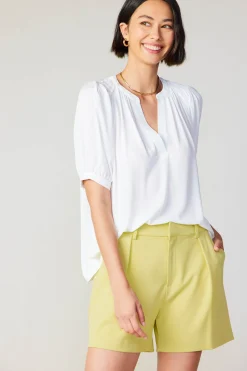 Current Air Short Sleeve Tops-Classic V Neck Blouse WHITE