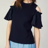 Current Air Knitwear | Short Sleeve Tops-Cold Shoulder Pleated Top NAVY