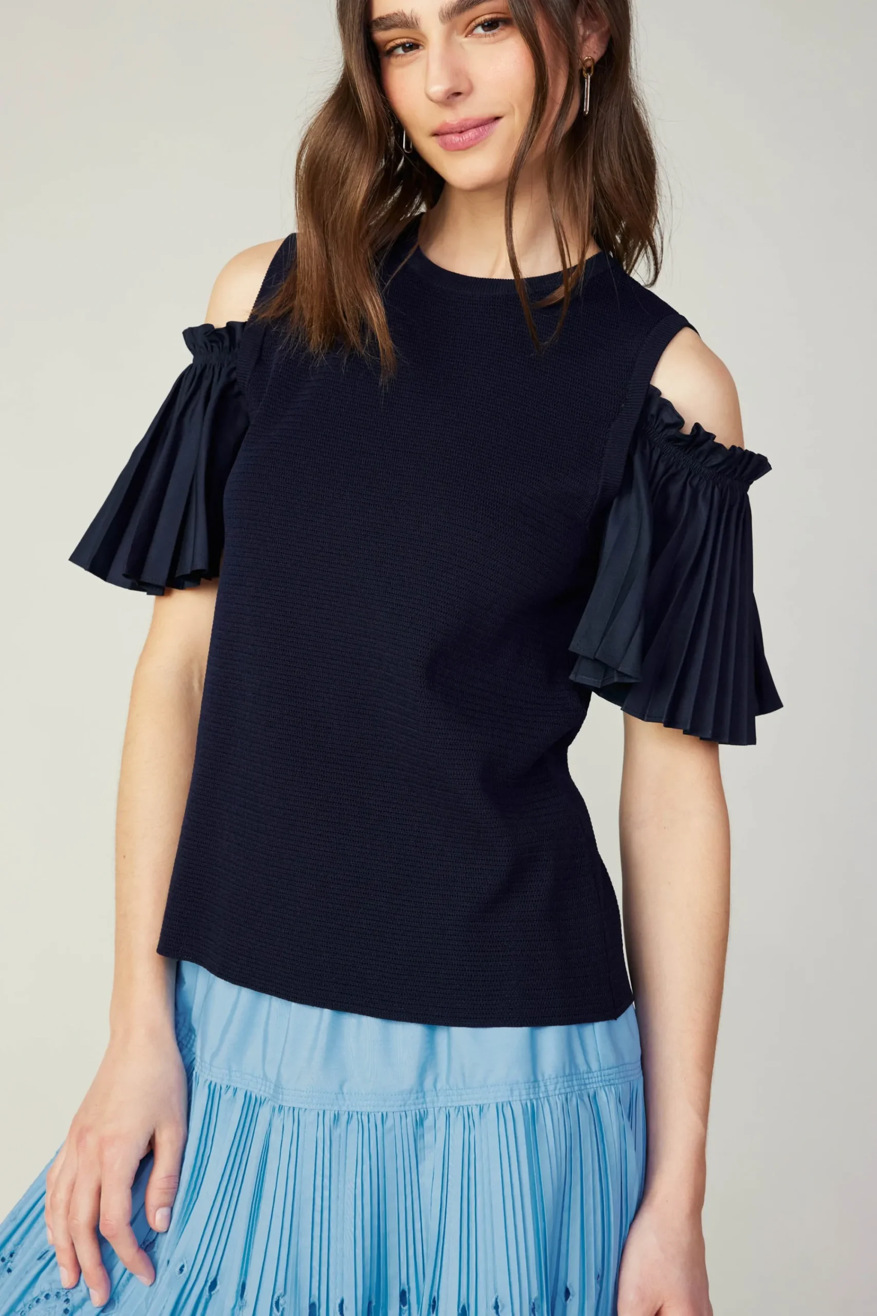 Current Air Knitwear | Short Sleeve Tops-Cold Shoulder Pleated Top NAVY