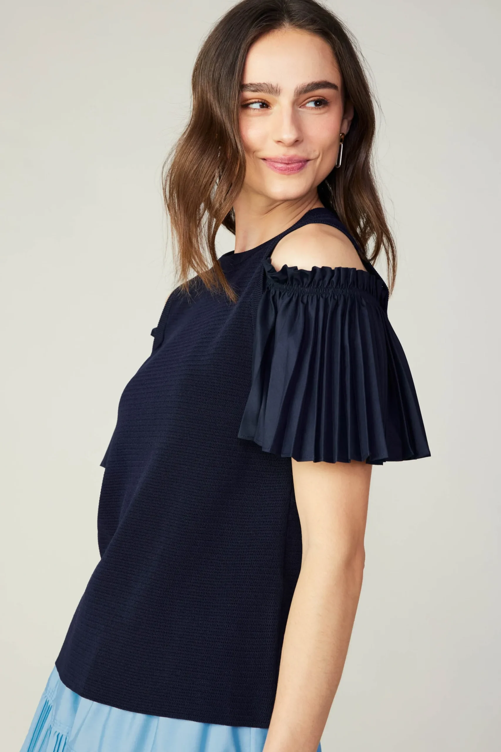 Current Air Knitwear | Short Sleeve Tops-Cold Shoulder Pleated Top NAVY