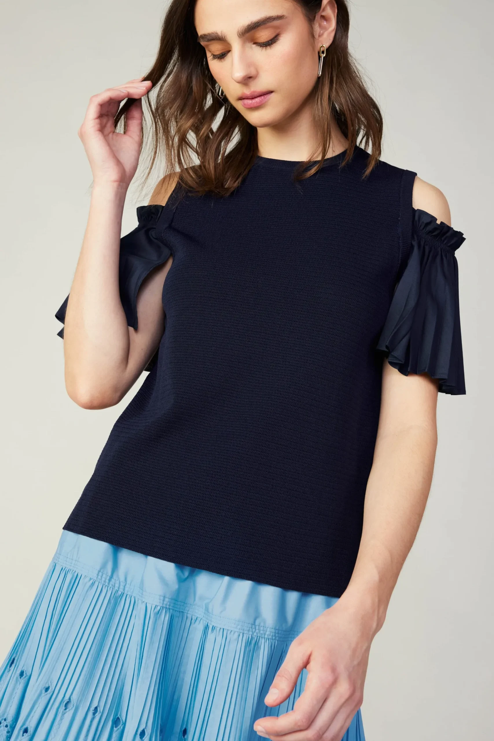 Current Air Knitwear | Short Sleeve Tops-Cold Shoulder Pleated Top NAVY