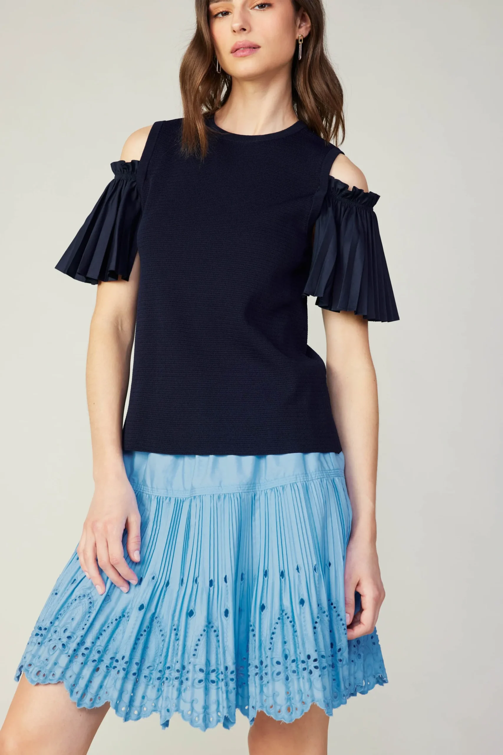 Current Air Knitwear | Short Sleeve Tops-Cold Shoulder Pleated Top NAVY