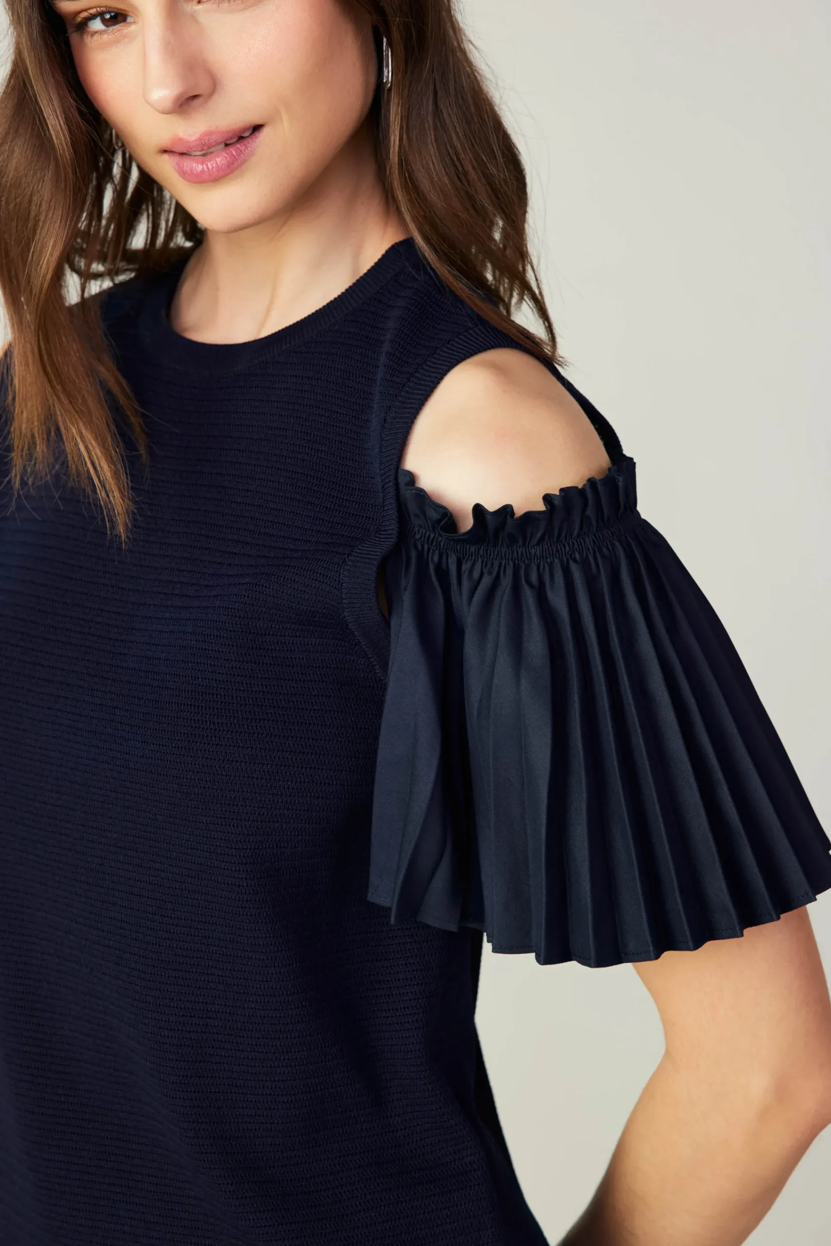 Current Air Knitwear | Short Sleeve Tops-Cold Shoulder Pleated Top NAVY