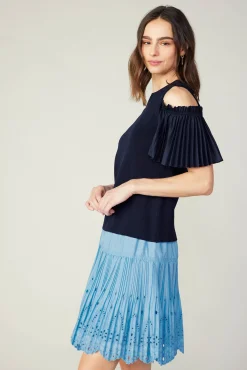 Current Air Knitwear | Short Sleeve Tops-Cold Shoulder Pleated Top NAVY