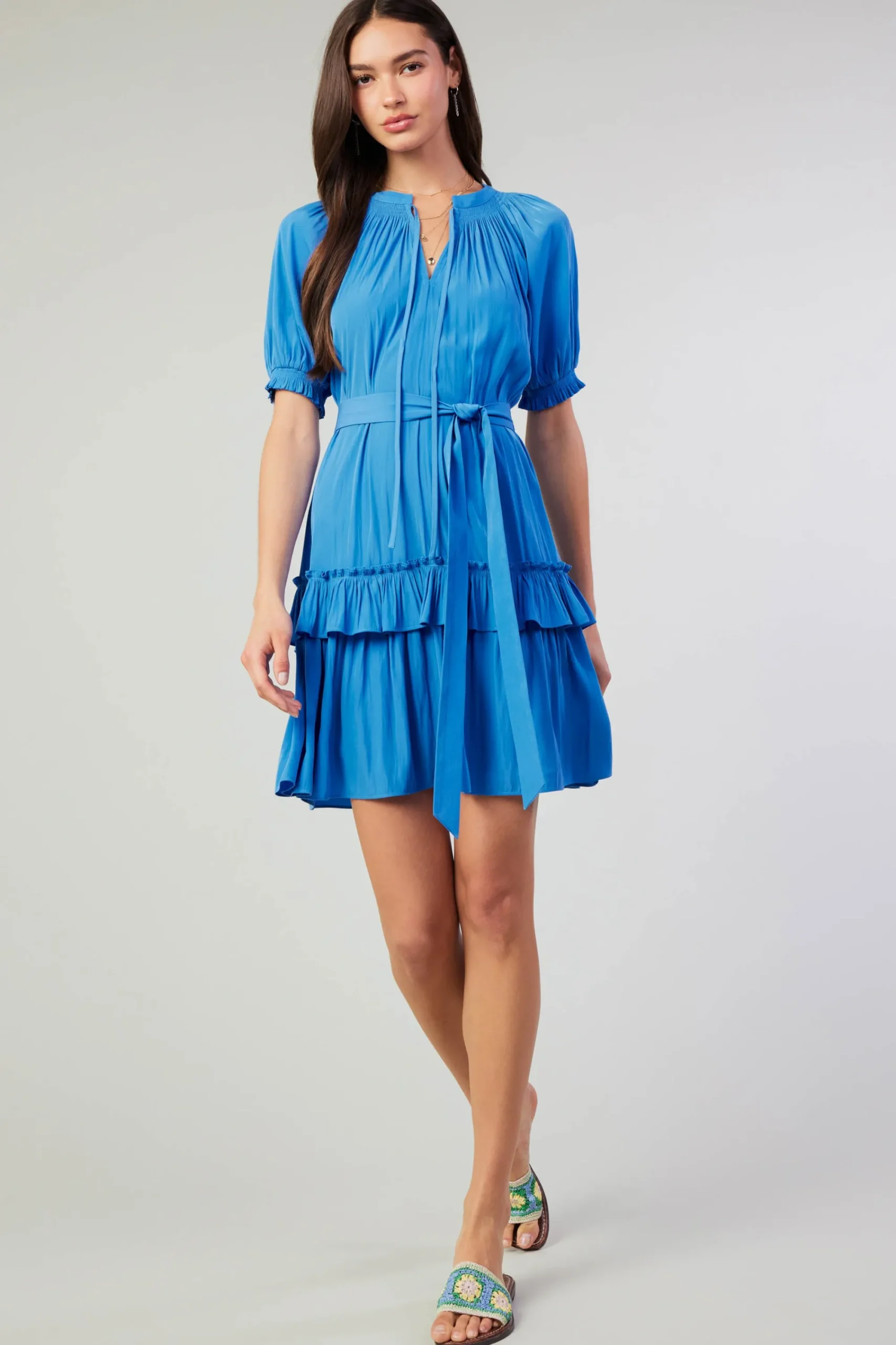 Current Air Mini Dresses-Coletta Smocked Yoke Mini Dress FADEDBLUE