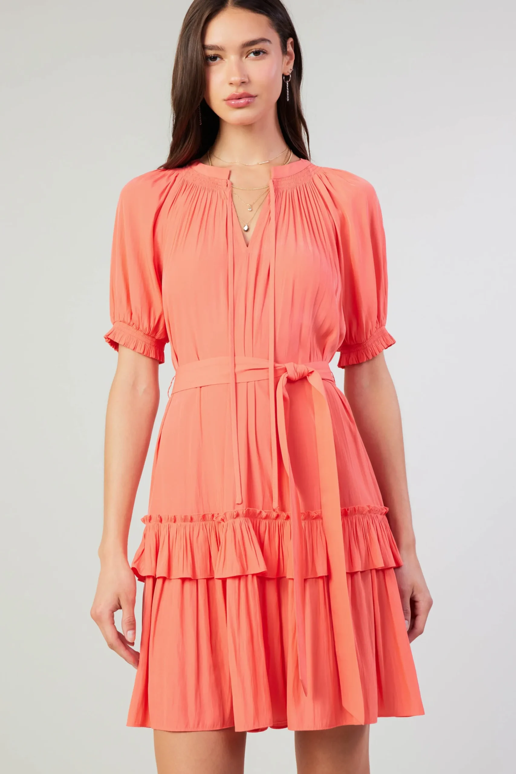 Current Air Mini Dresses-Coletta Smocked Yoke Mini Dress CORAL