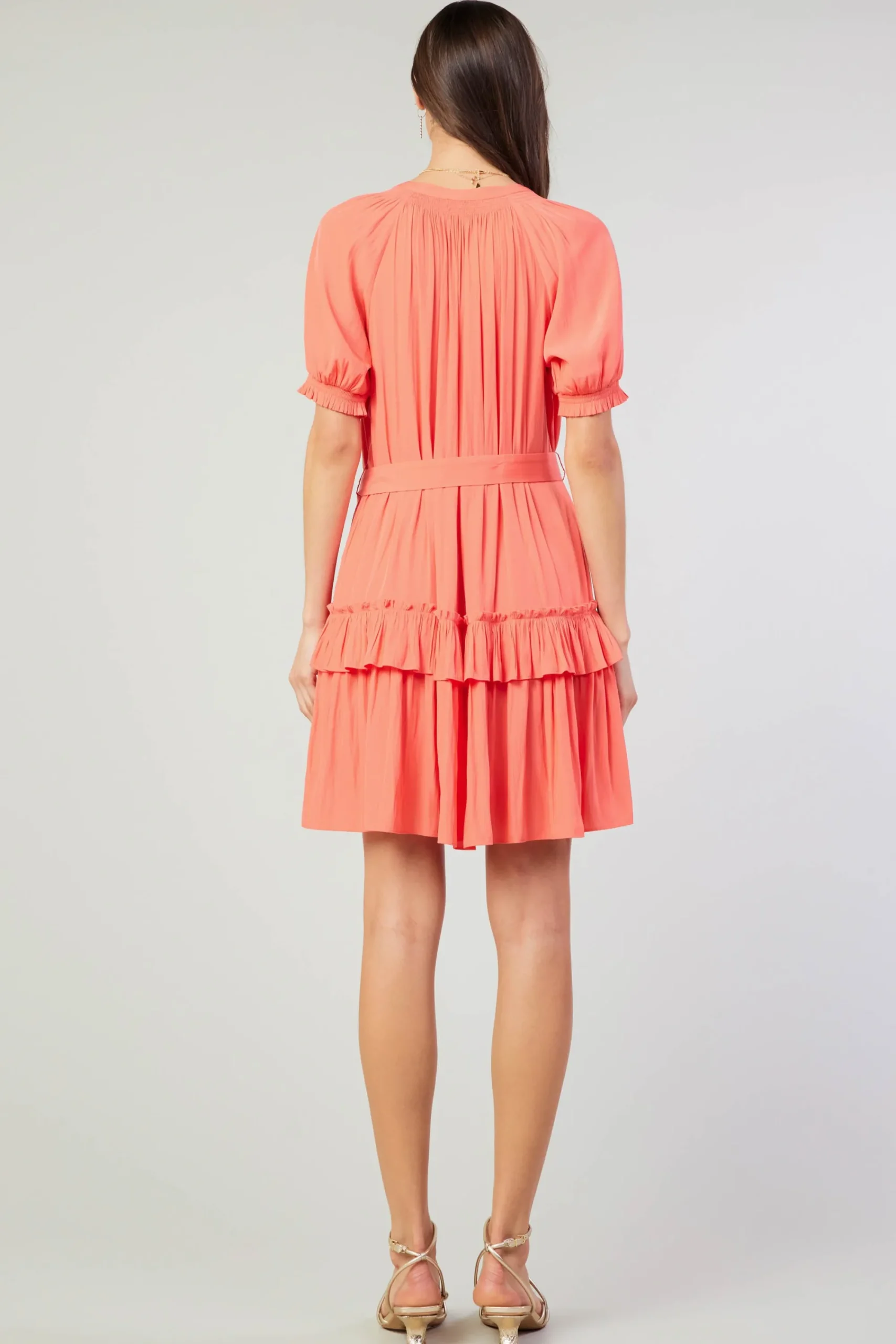 Current Air Mini Dresses-Coletta Smocked Yoke Mini Dress CORAL