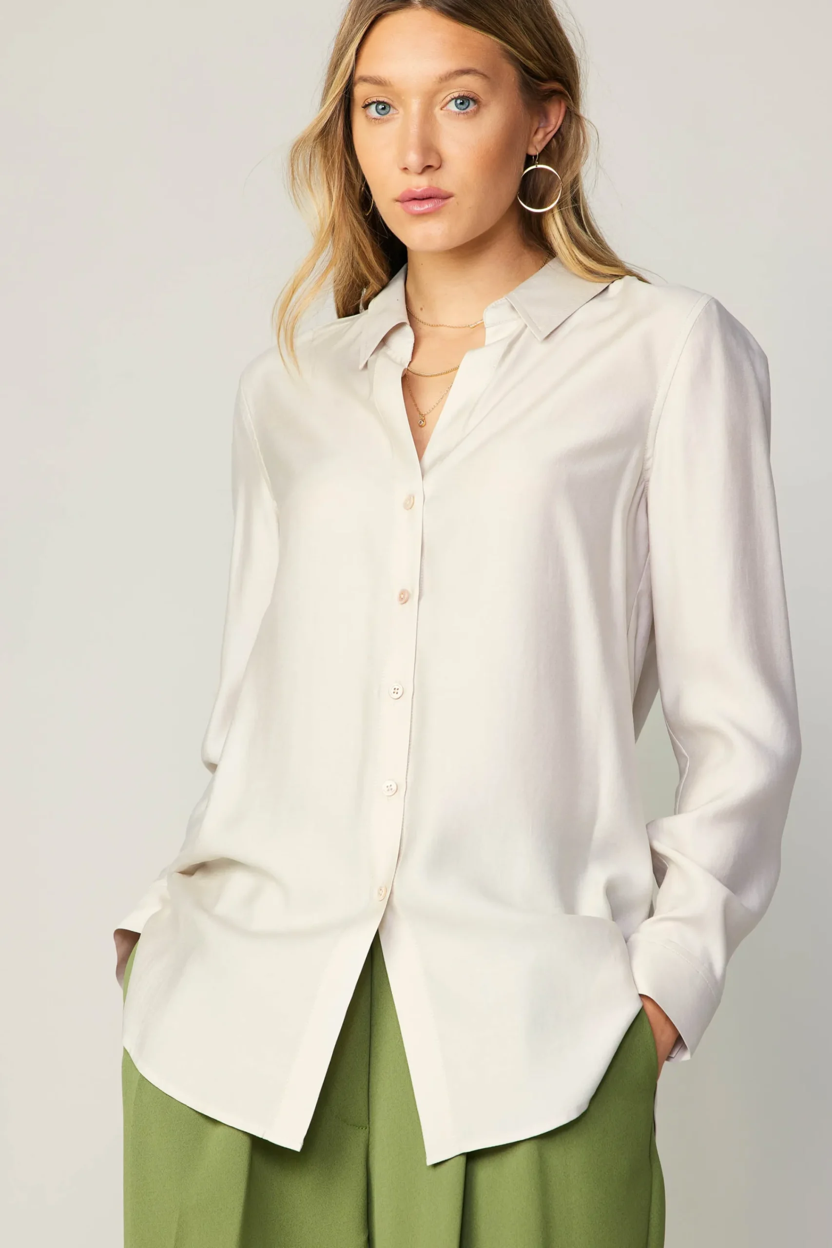 Current Air Long Sleeve Tops-Collared Button Down Shirt BONE
