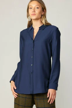 Current Air Long Sleeve Tops-Collared Button Down Shirt NAVY