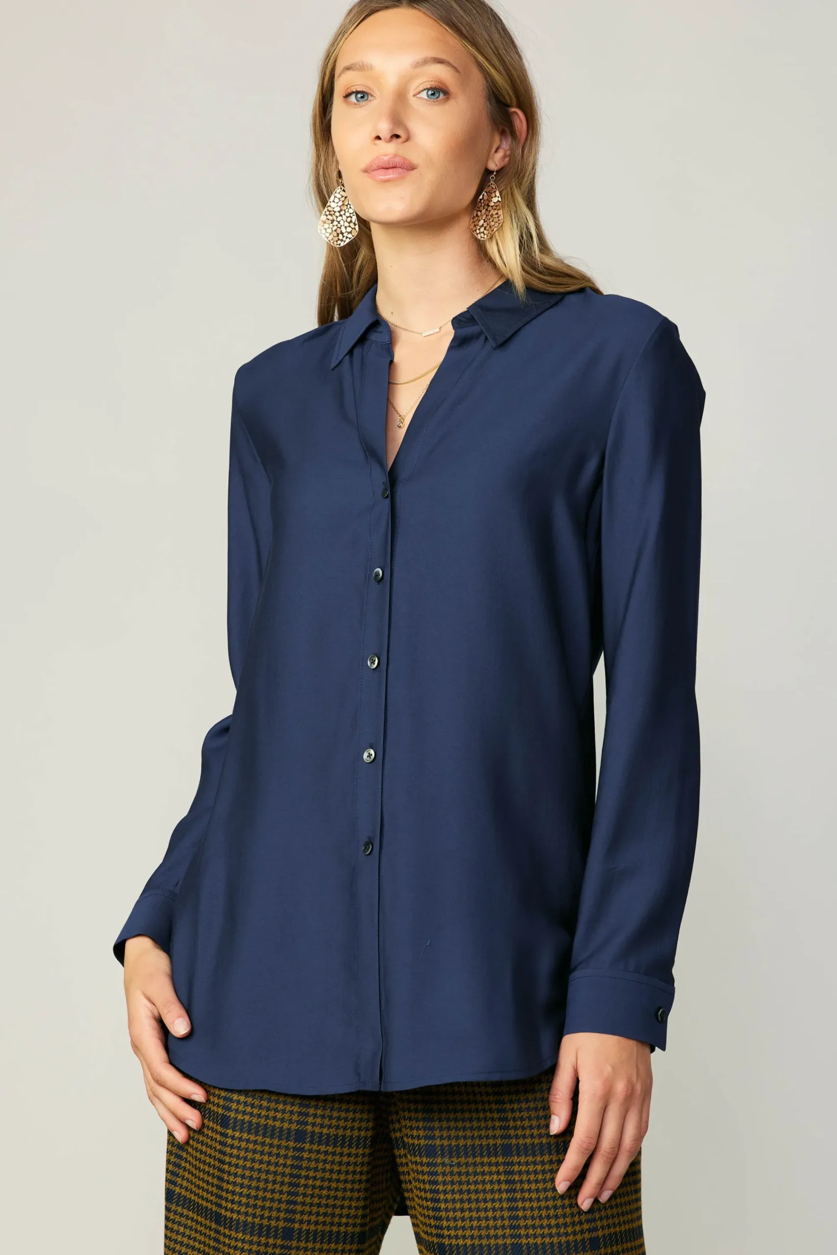 Current Air Long Sleeve Tops-Collared Button Down Shirt NAVY