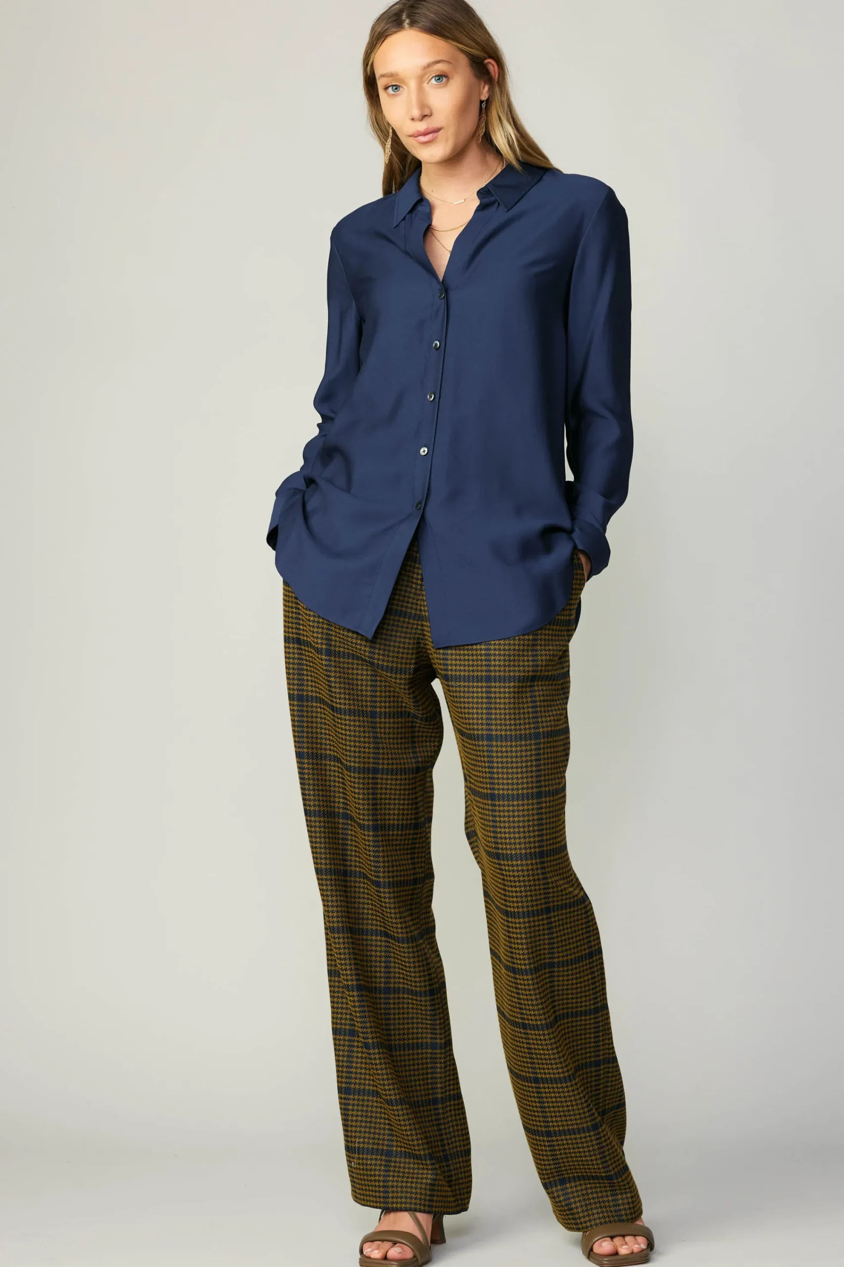 Current Air Long Sleeve Tops-Collared Button Down Shirt NAVY