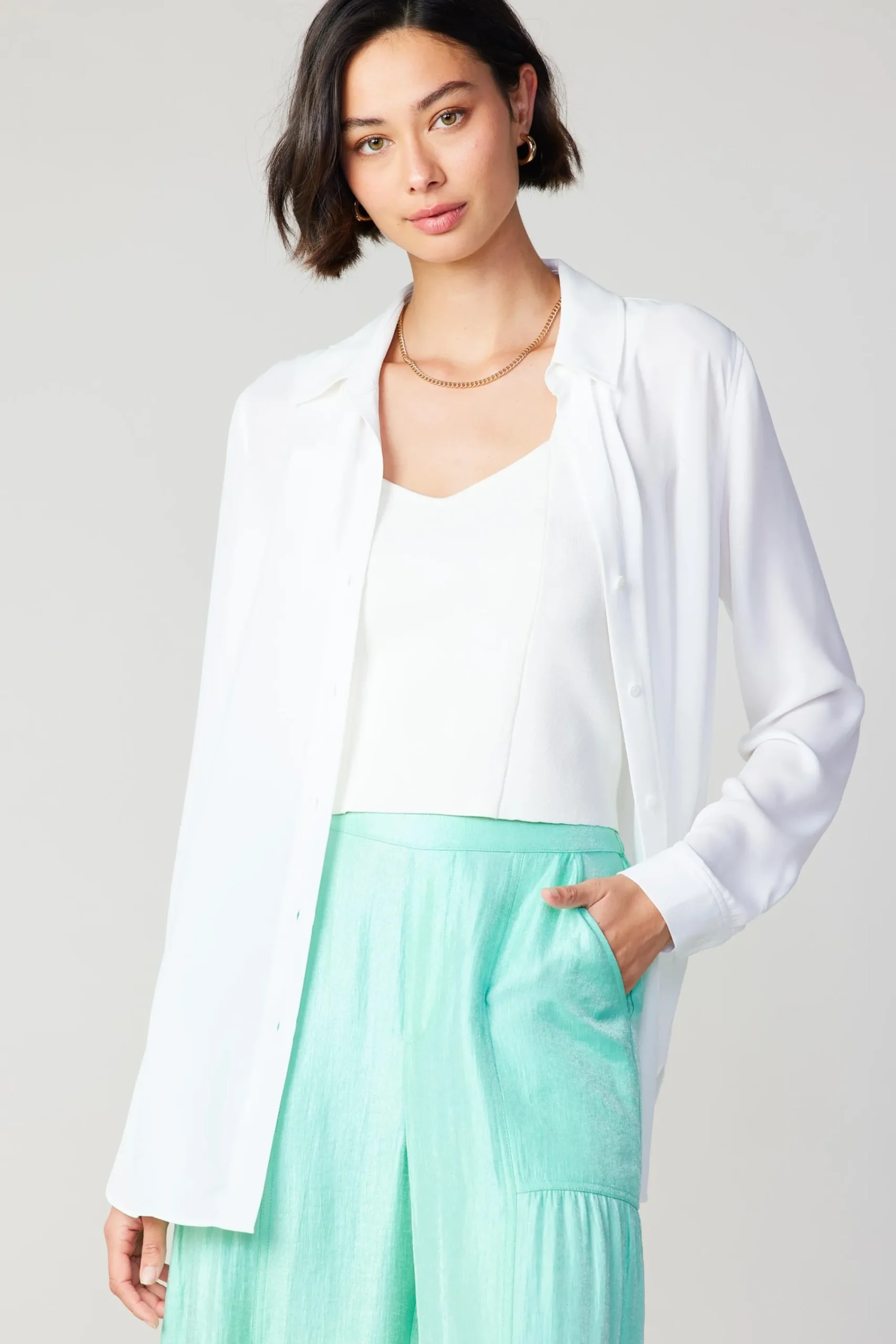 Current Air Long Sleeve Tops-Collared Buttondown Shirt WHITE