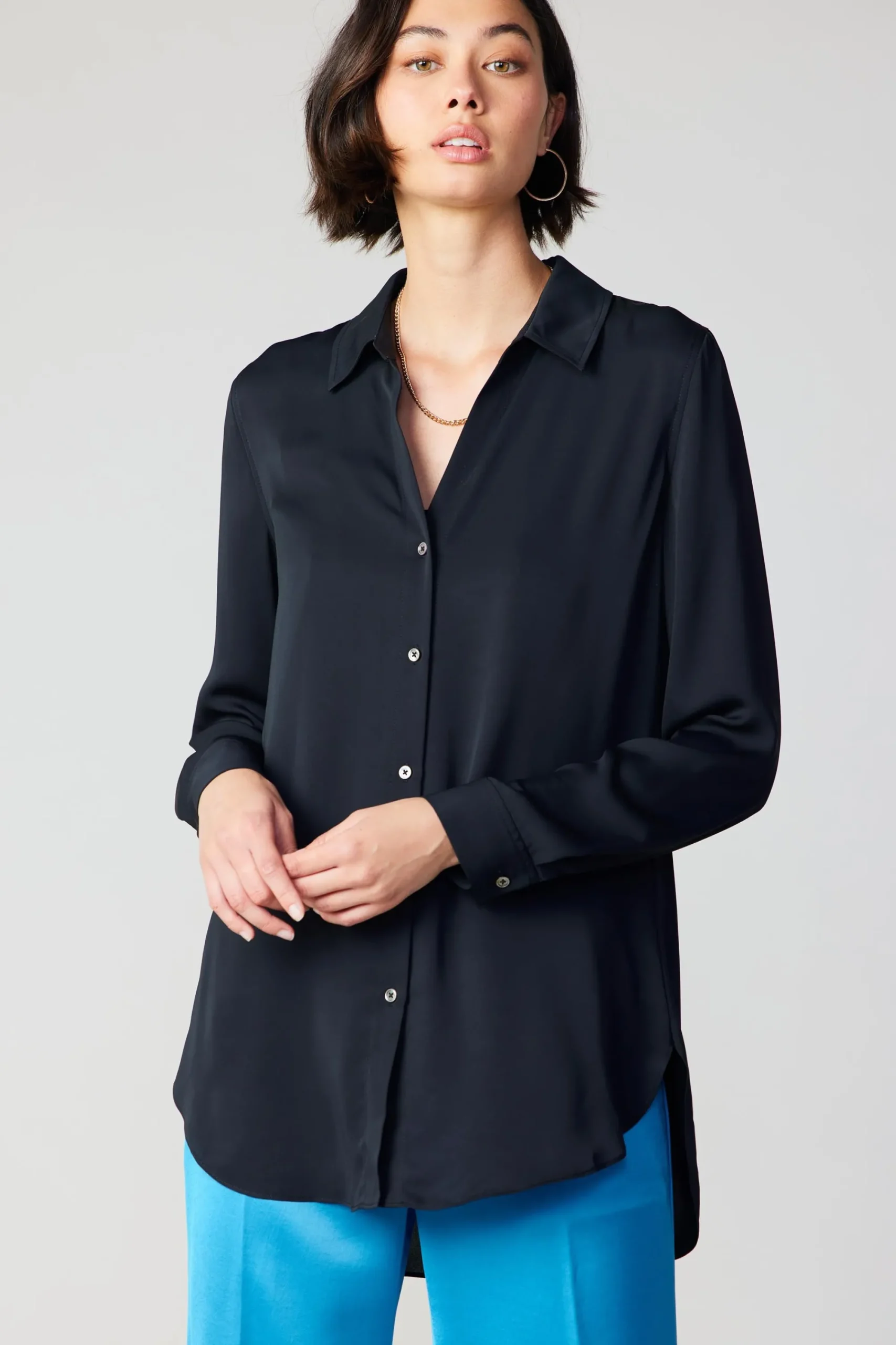Current Air Long Sleeve Tops-Collared Buttondown Shirt BLACK