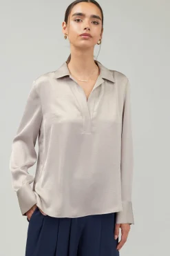 Current Air Long Sleeve Tops-Collared Splitneck Blouse SILVERSTONE