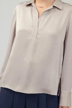 Current Air Long Sleeve Tops-Collared Splitneck Blouse SILVERSTONE