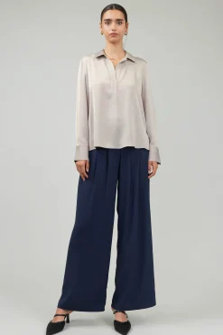 Current Air Long Sleeve Tops-Collared Splitneck Blouse SILVERSTONE