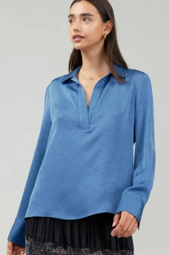 Current Air Long Sleeve Tops-Collared Splitneck Blouse DUSTYBLUE