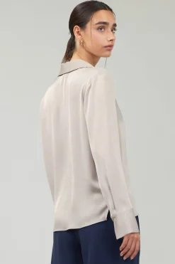 Current Air Long Sleeve Tops-Collared Splitneck Blouse SILVERSTONE