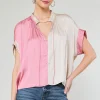 Current Air Short Sleeve Tops-Colorblock Contrast Top LIGHTTAUPE-PINK