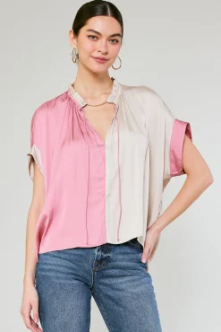 Current Air Short Sleeve Tops-Colorblock Contrast Top LIGHTTAUPE-PINK