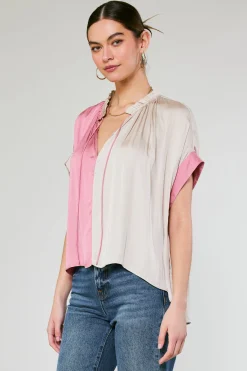 Current Air Short Sleeve Tops-Colorblock Contrast Top LIGHTTAUPE-PINK