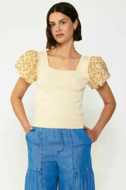 Current Air Short Sleeve Tops | Sweaters-Constrast Puff Sleeve Sweater Top APRICOTMLT
