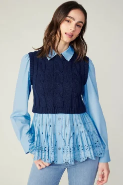Current Air Knitwear | Sweaters-Contrast Knit Eyelet Top BABYBLUE