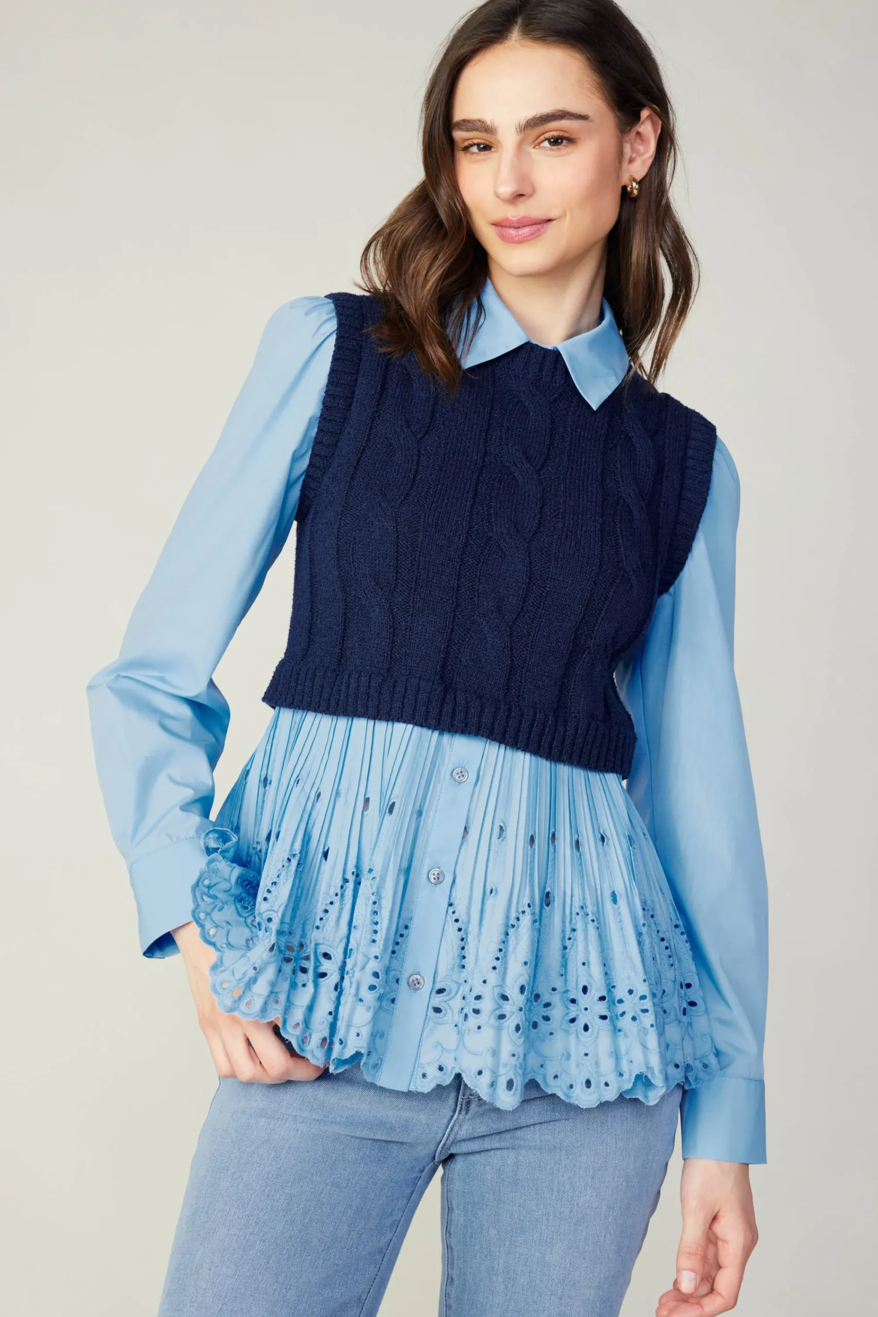 Current Air Knitwear | Sweaters-Contrast Knit Eyelet Top BABYBLUE
