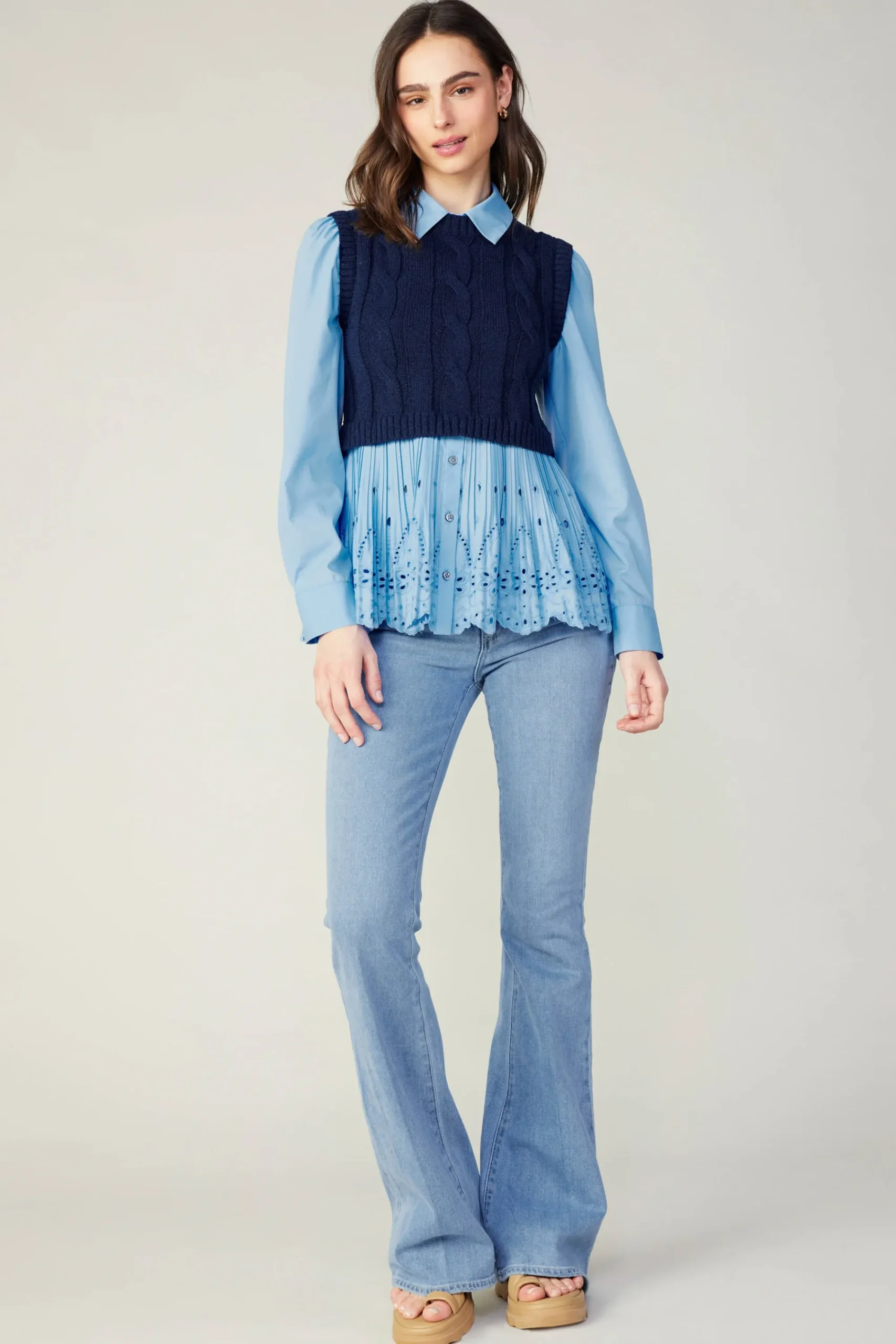 Current Air Knitwear | Sweaters-Contrast Knit Eyelet Top BABYBLUE