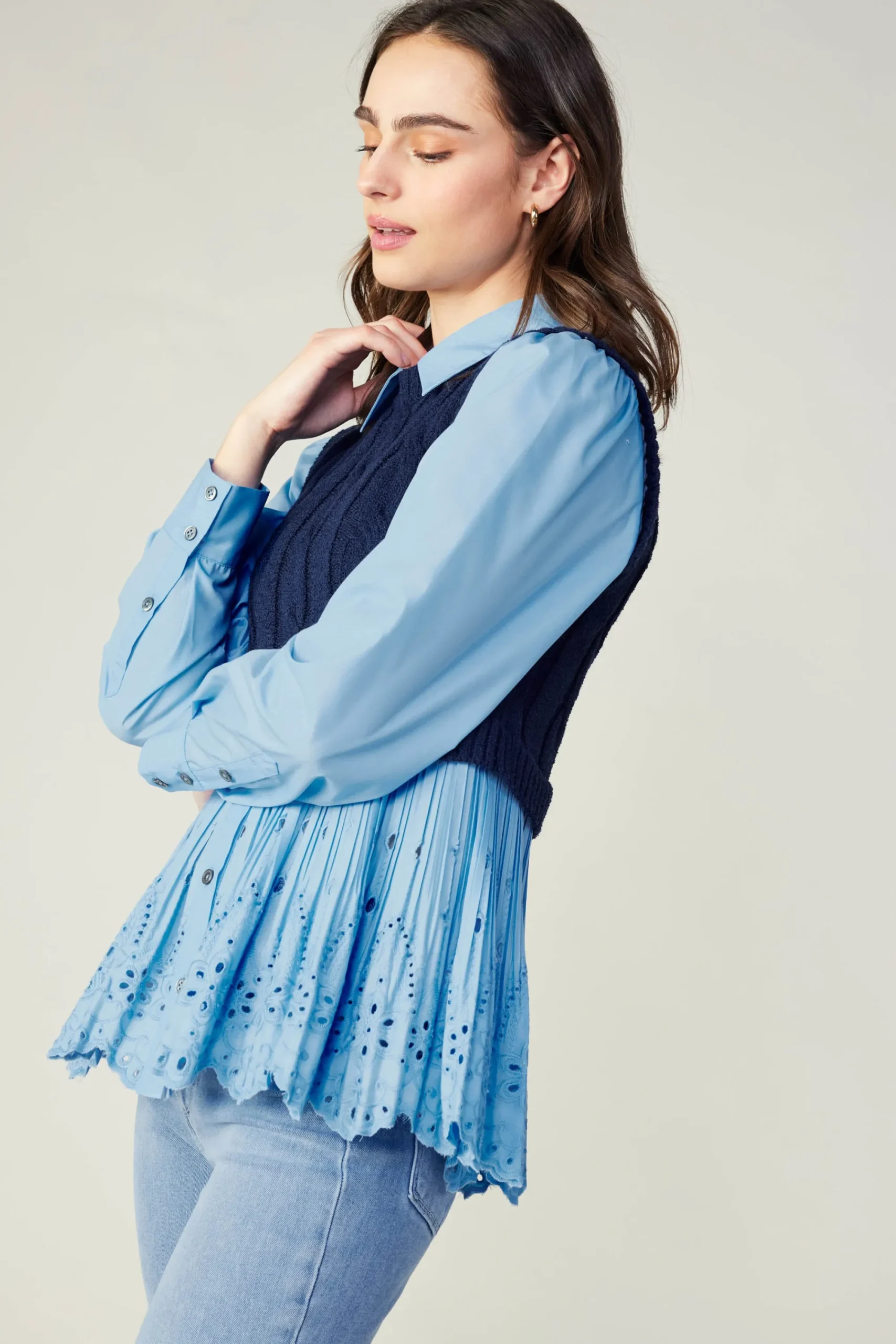 Current Air Knitwear | Sweaters-Contrast Knit Eyelet Top BABYBLUE
