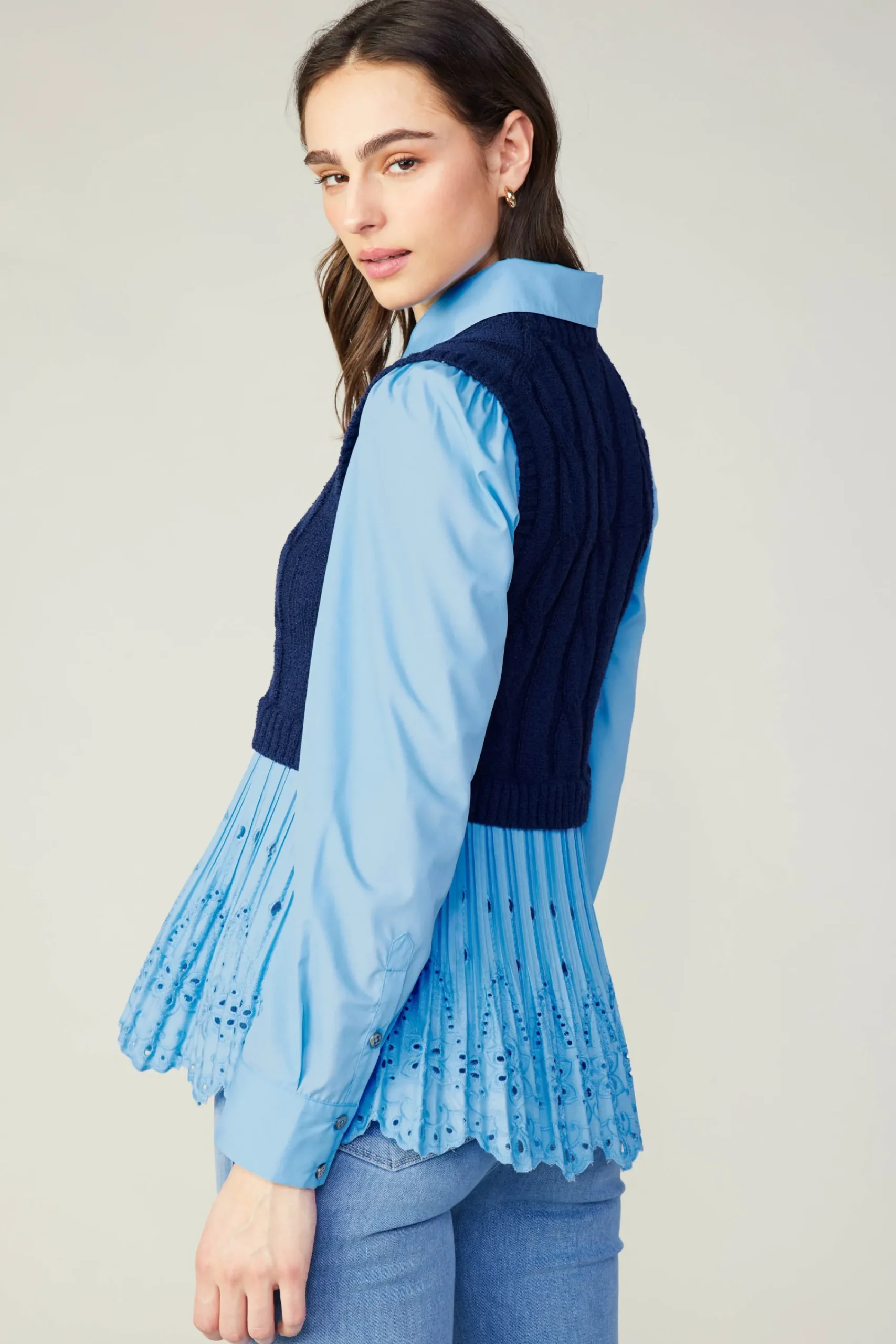 Current Air Knitwear | Sweaters-Contrast Knit Eyelet Top BABYBLUE