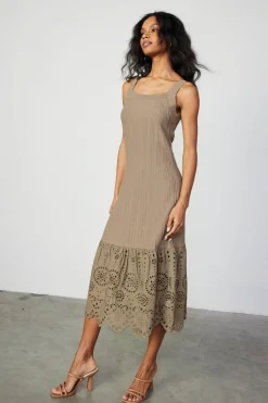 Current Air Knitwear | Midi Dresses-Contrast Lace Knit Dress LATTE